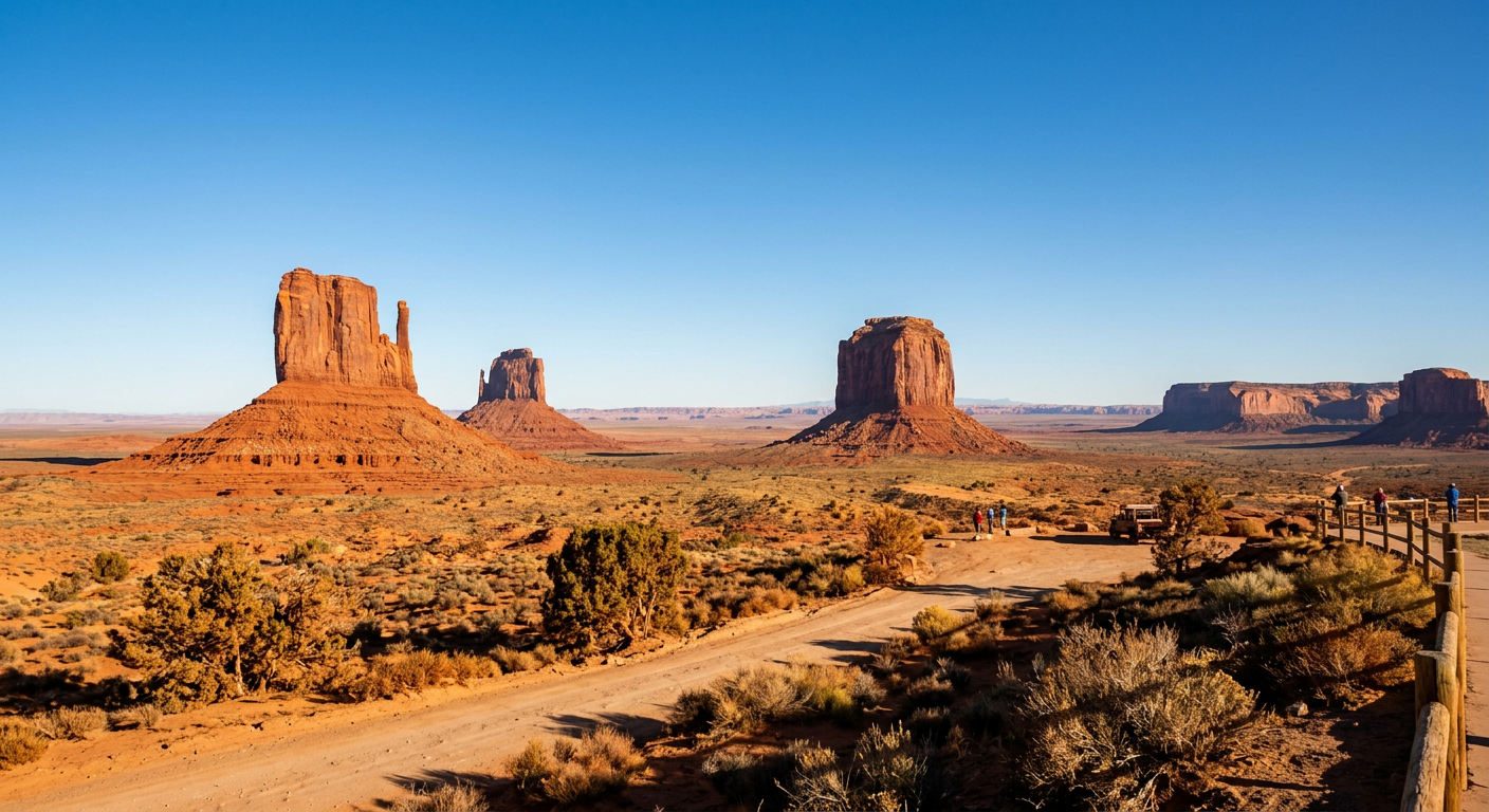 Sunlight hitting the red sandstone mittens in Monument Valley on a clear autumn morning