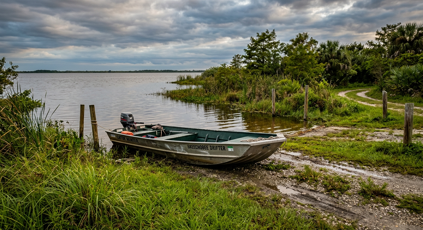 A flatbottom skiff parked at a grassy boat ramp near Lake Okeechobee under an overcast sky