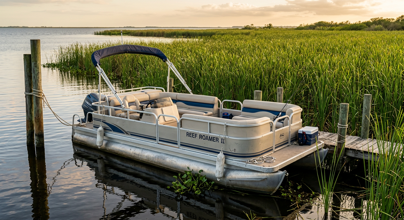 A standard aluminum pontoon boat moored against wooden pilings near dense Okeechobee reeds