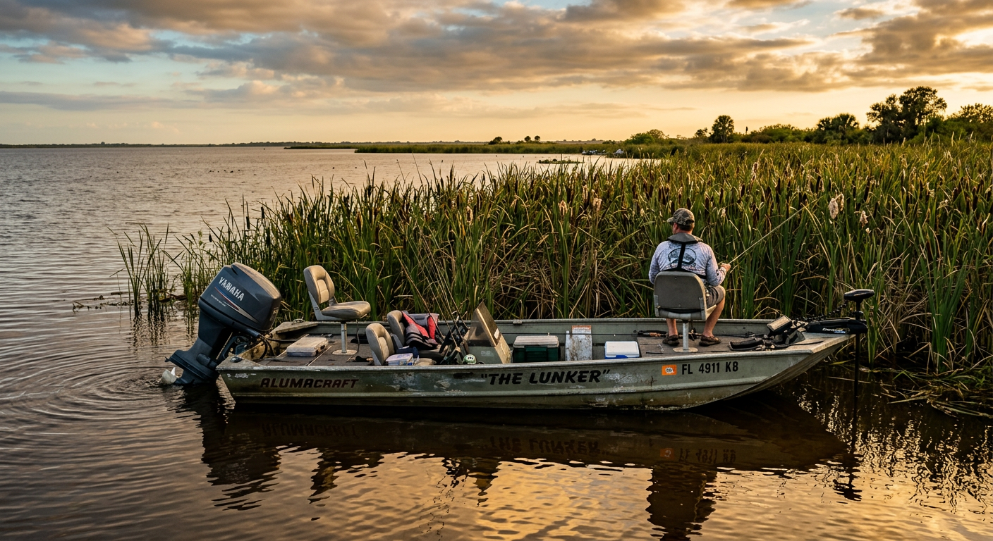 A weathered bass boat idling near cattails on the murky waters of Lake Okeechobee