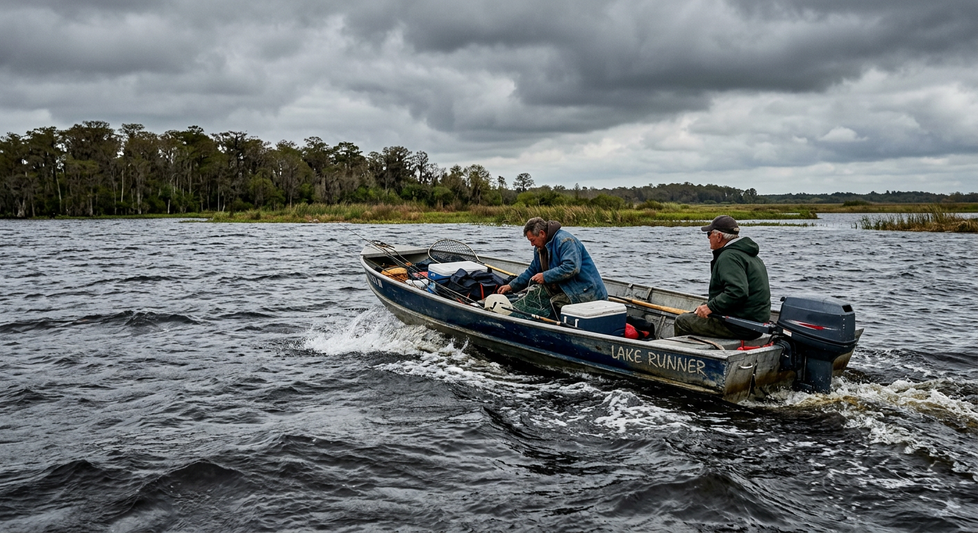 A small fishing skiff navigating through dark, choppy waters on Lake Okeechobee under a grey, overcast sky