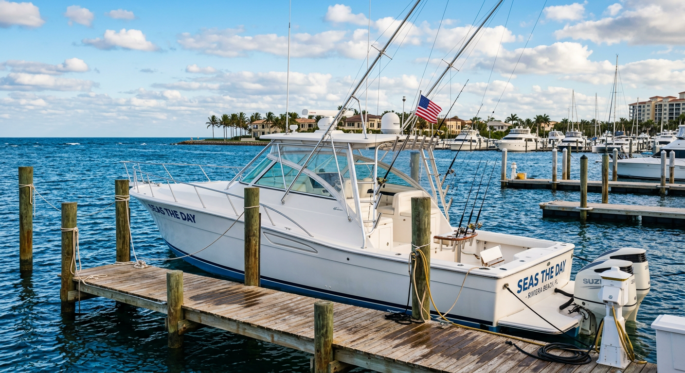 A clean white charter boat tied to a wooden dock at a Riviera Beach marina with blue Atlantic water in the background.