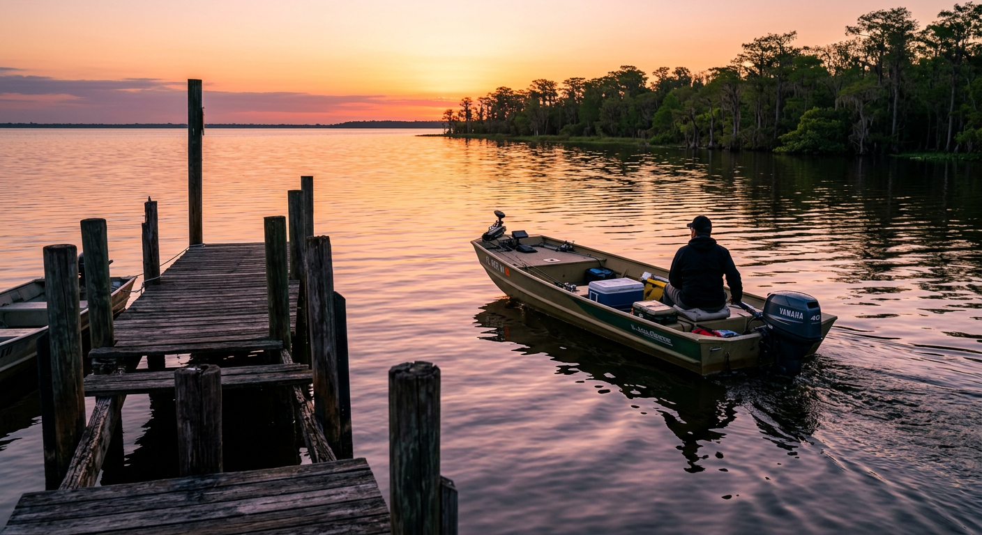 A flat-bottom bass boat idling away from a weathered wooden dock on Lake Okeechobee at dawn