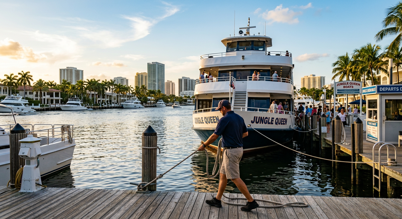 A commercial tour boat docked in Fort Lauderdale with a dockman handling lines beside the Intracoastal Waterway