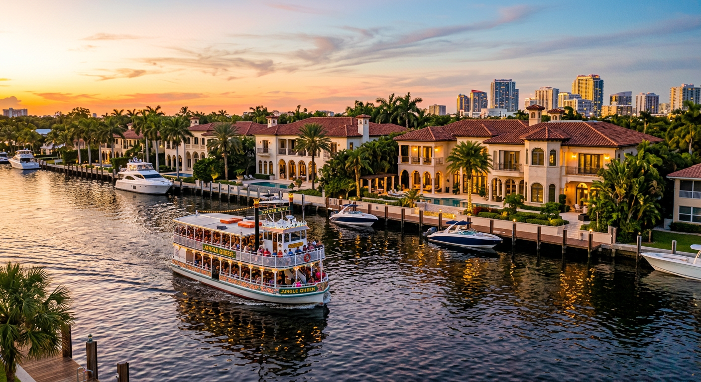 Multi-story waterfront mansions in Fort Lauderdale bathed in warm evening light while a tour boat passes