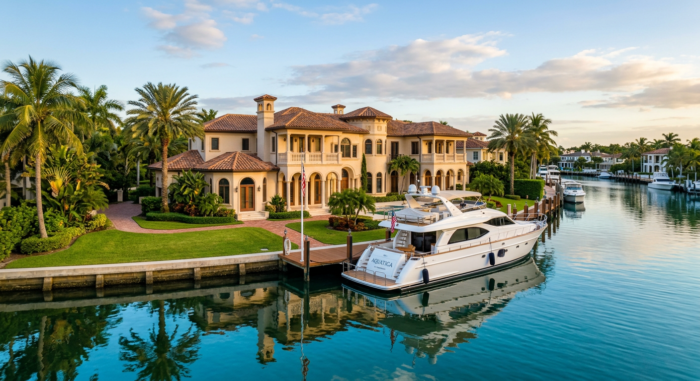 A large multi-story mansion sitting empty along a calm Fort Lauderdale canal with a yacht moored out front