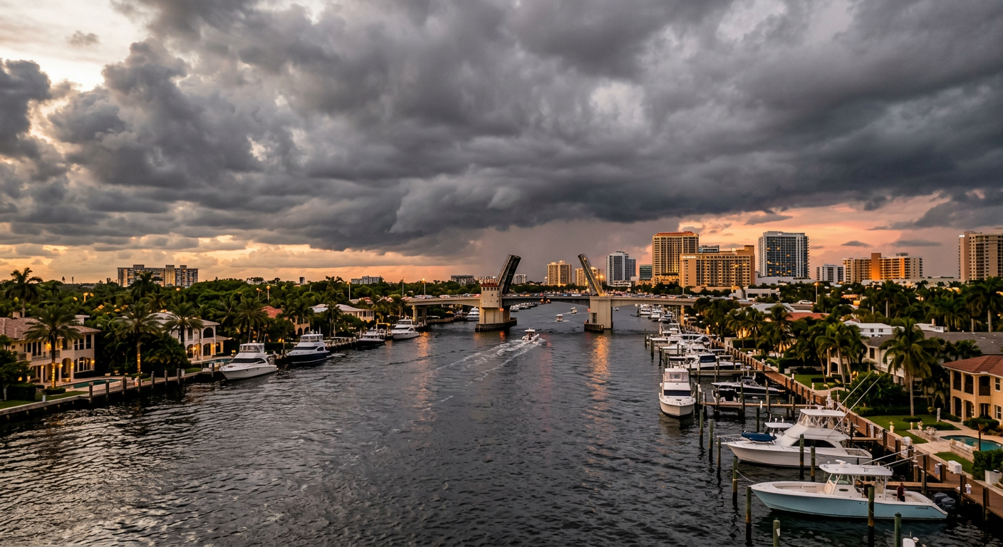 Thick gray clouds rolling over the Intracoastal Waterway in Fort Lauderdale just before dusk