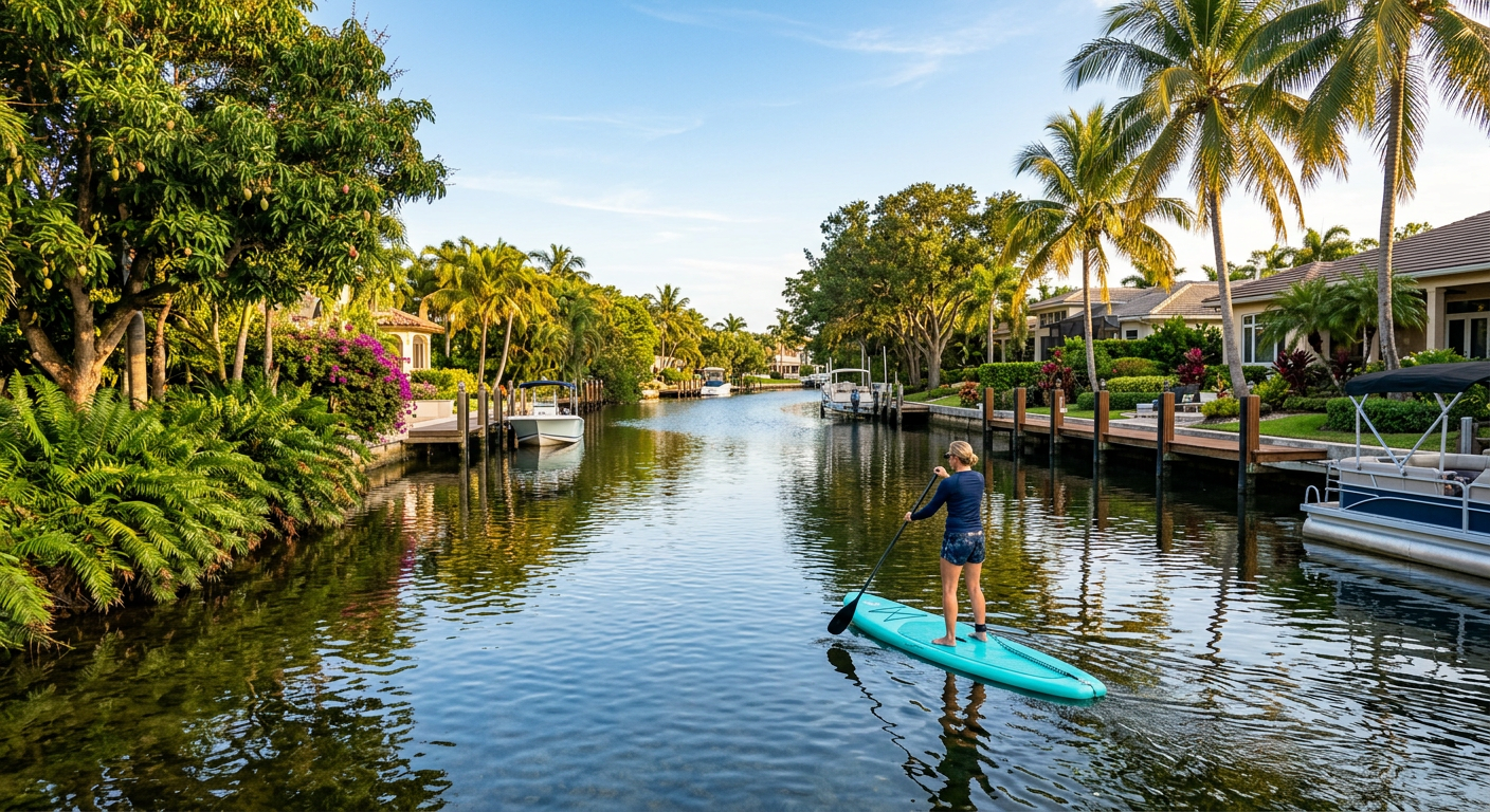 A lone paddleboarder navigating a narrow, tree-lined residential canal in Fort Lauderdale