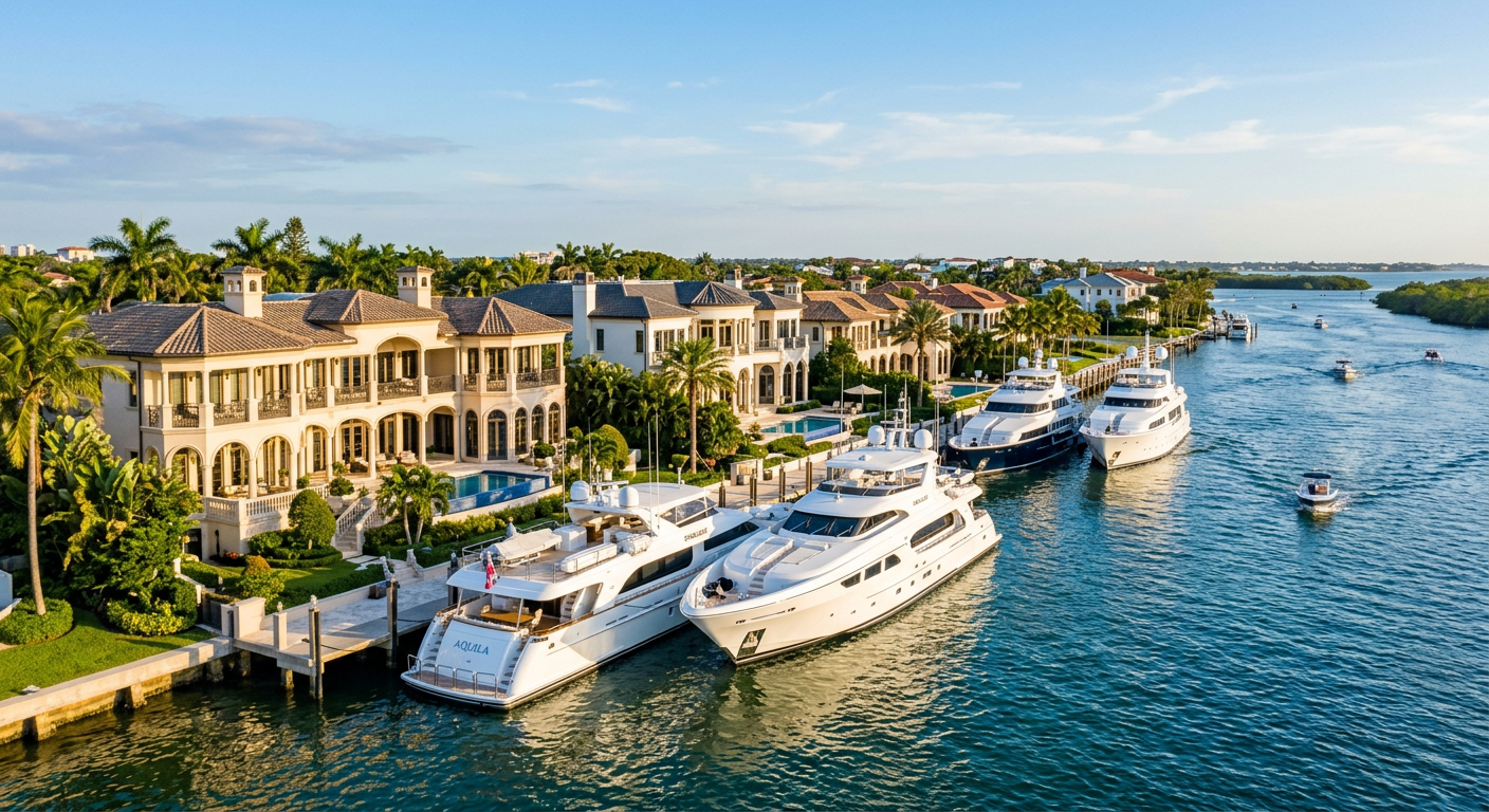 Multi-story waterfront mansions with large yachts docked in front sitting empty along the Intracoastal Waterway