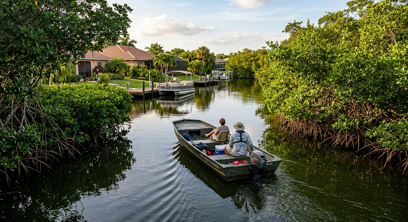 A flat-bottom skiff navigating through narrow, dark green residential canals lined with lush mangroves in South Florida