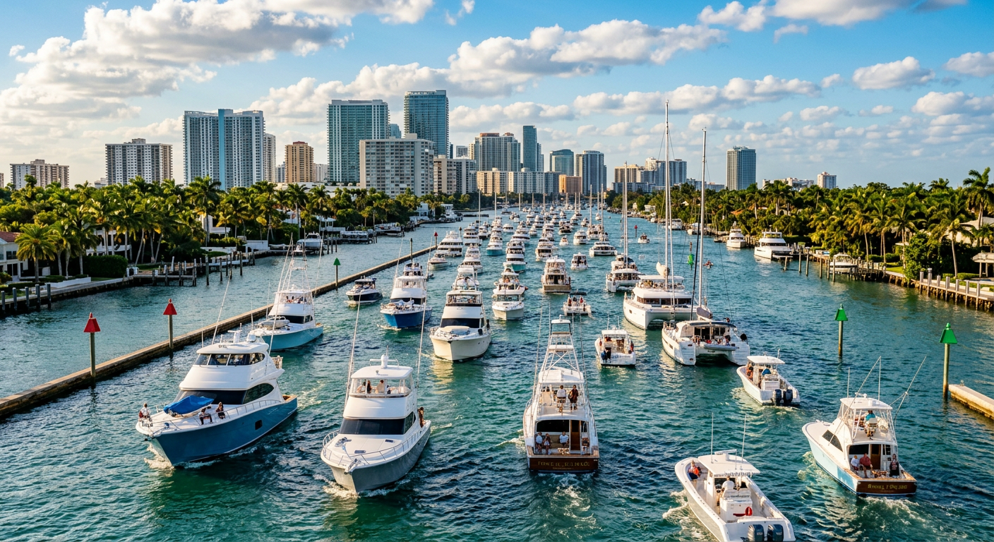 Dozens of different sized boats and yachts clustered together navigating a narrow dredged channel in South Florida