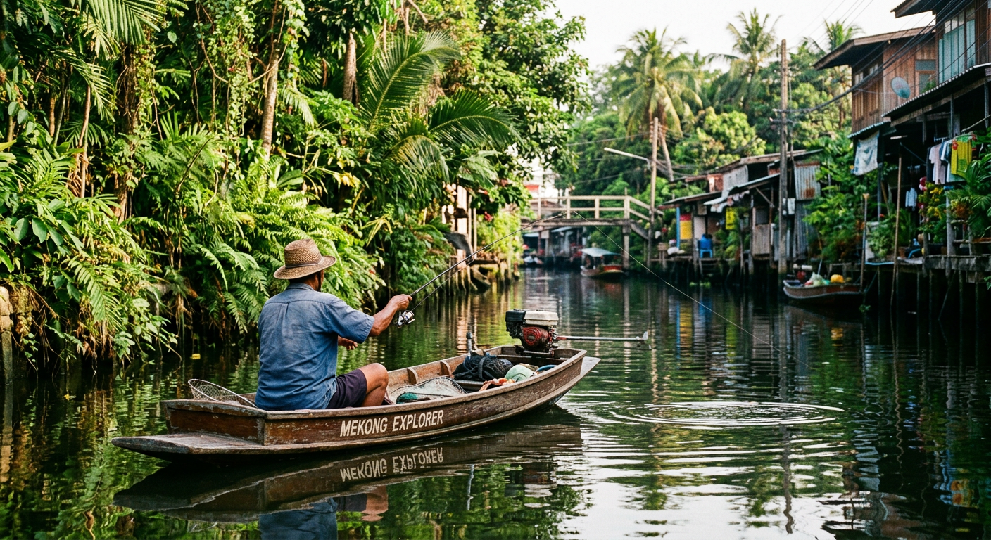 An angler casting a line from a small boat surrounded by dense tropical foliage hanging over an urban canal