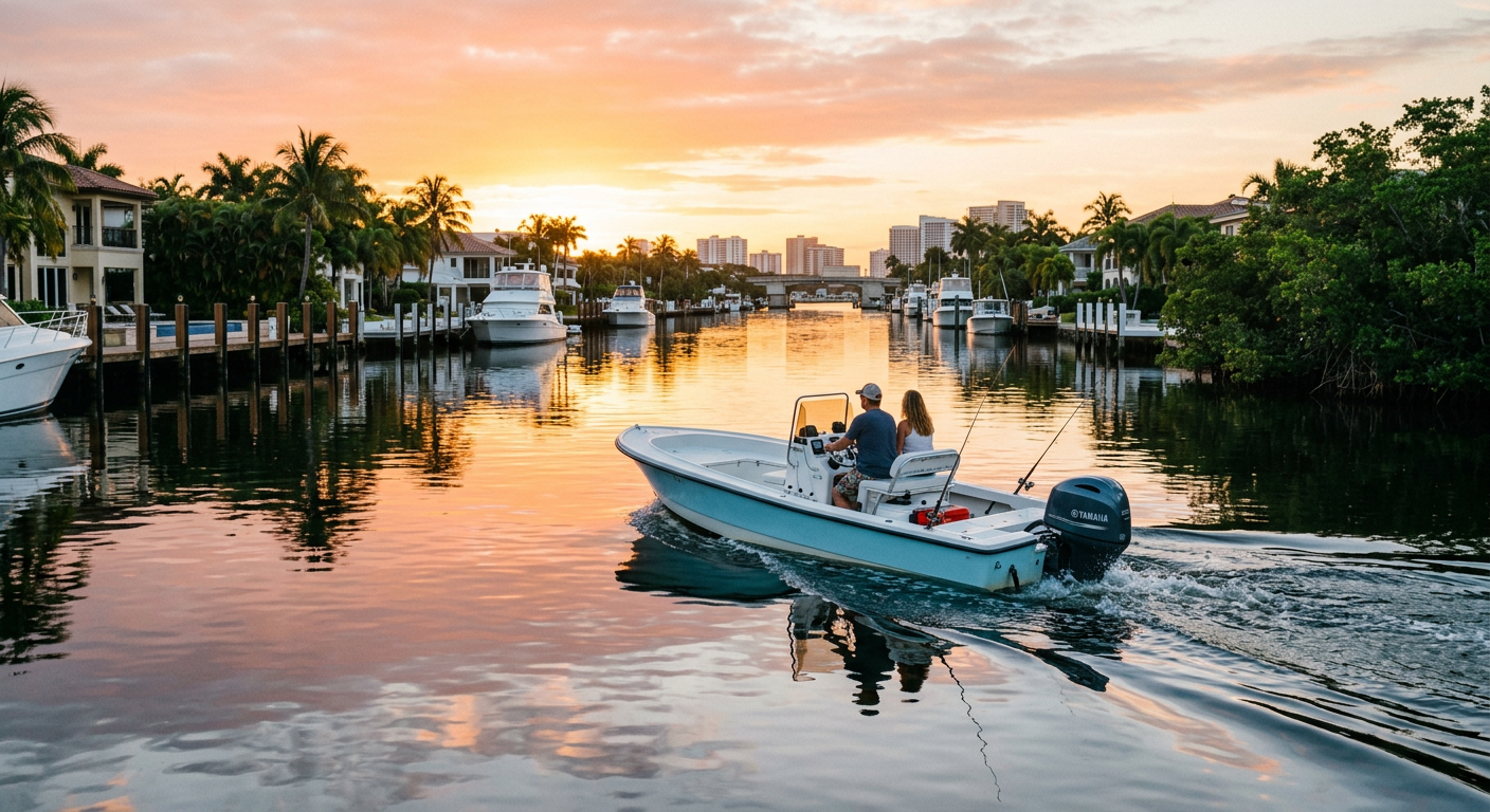 A small open boat cutting through calm, glassy water in a Fort Lauderdale canal just after sunrise