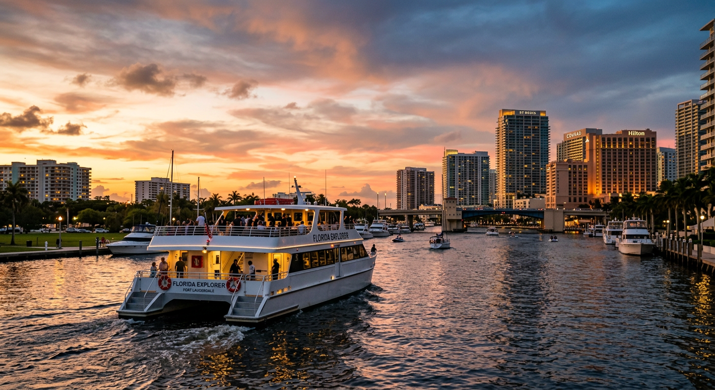 A large passenger catamaran cruising the Intracoastal Waterway at dusk near downtown Fort Lauderdale