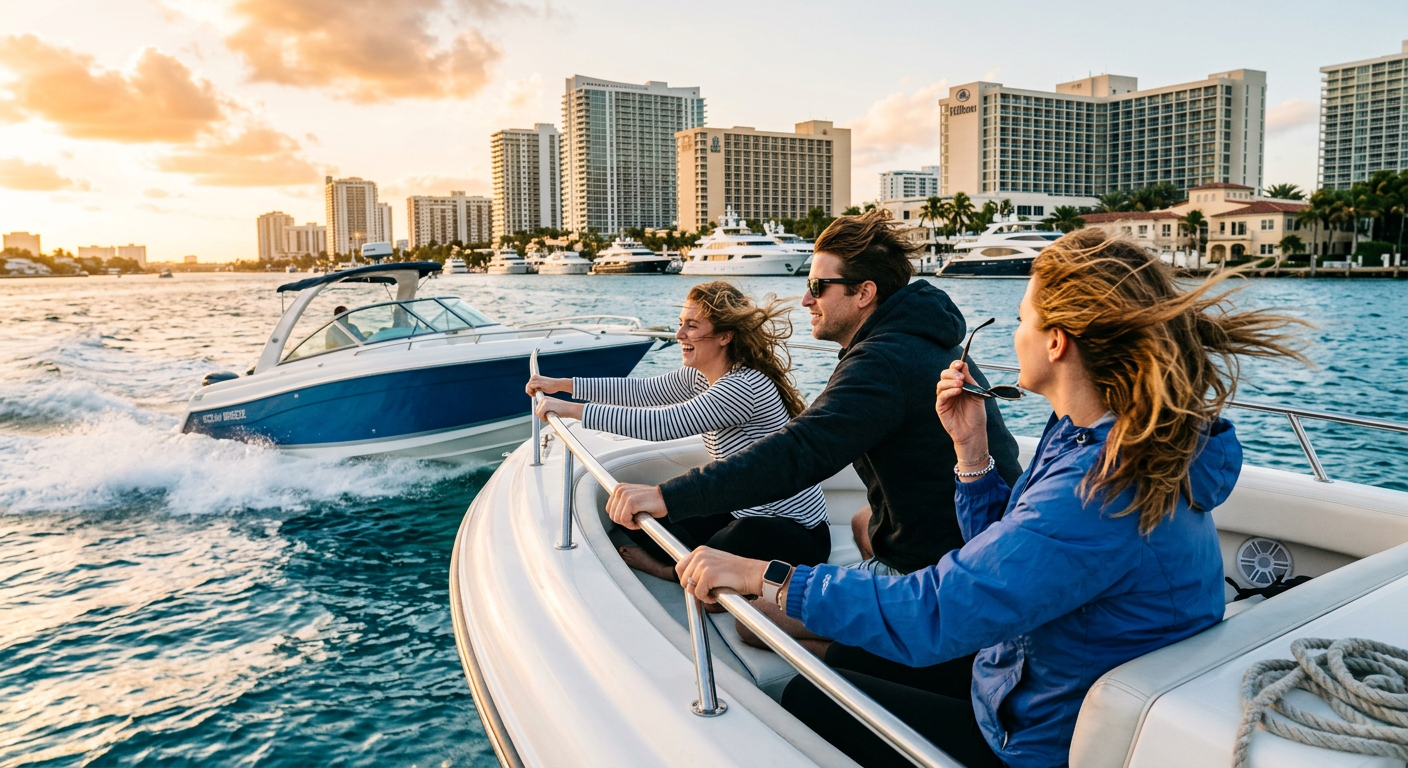 Tourists bracing against the wind on the bow of a speedboat in Fort Lauderdale