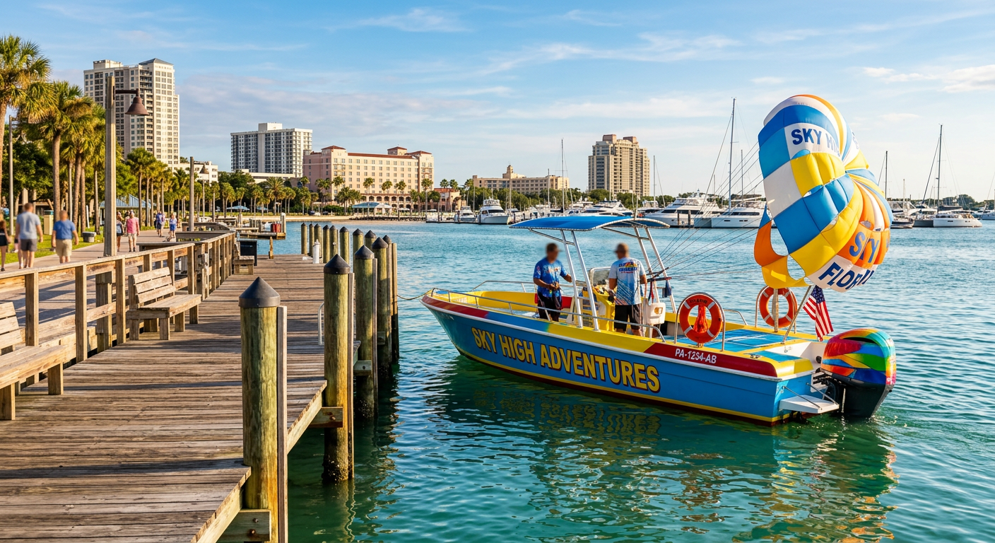 A commercial parasail boat idling near a wooden dock in St. Petersburg Florida
