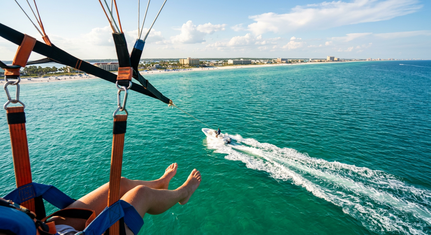 A view of the green Gulf waters from a parasail harness looking down at a small boat wake