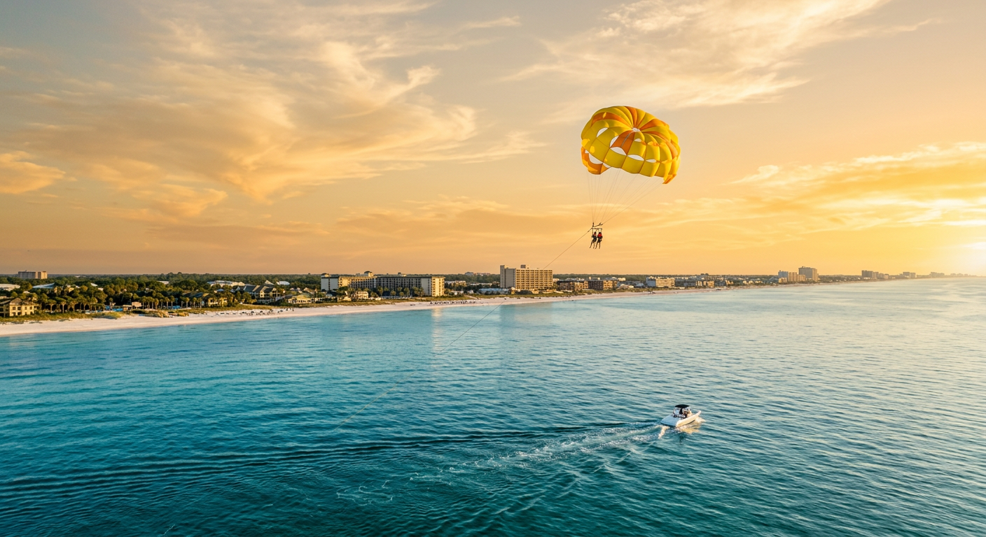 A yellow parasail canopy gliding over smooth morning waters along the Florida coastline