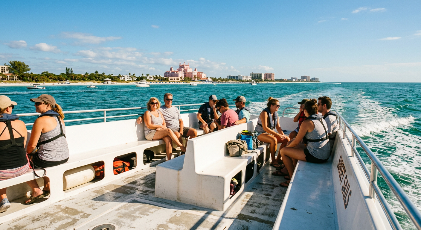 Passengers sitting on flat benches along a fiberglass boat deck off the coast of St. Pete Beach