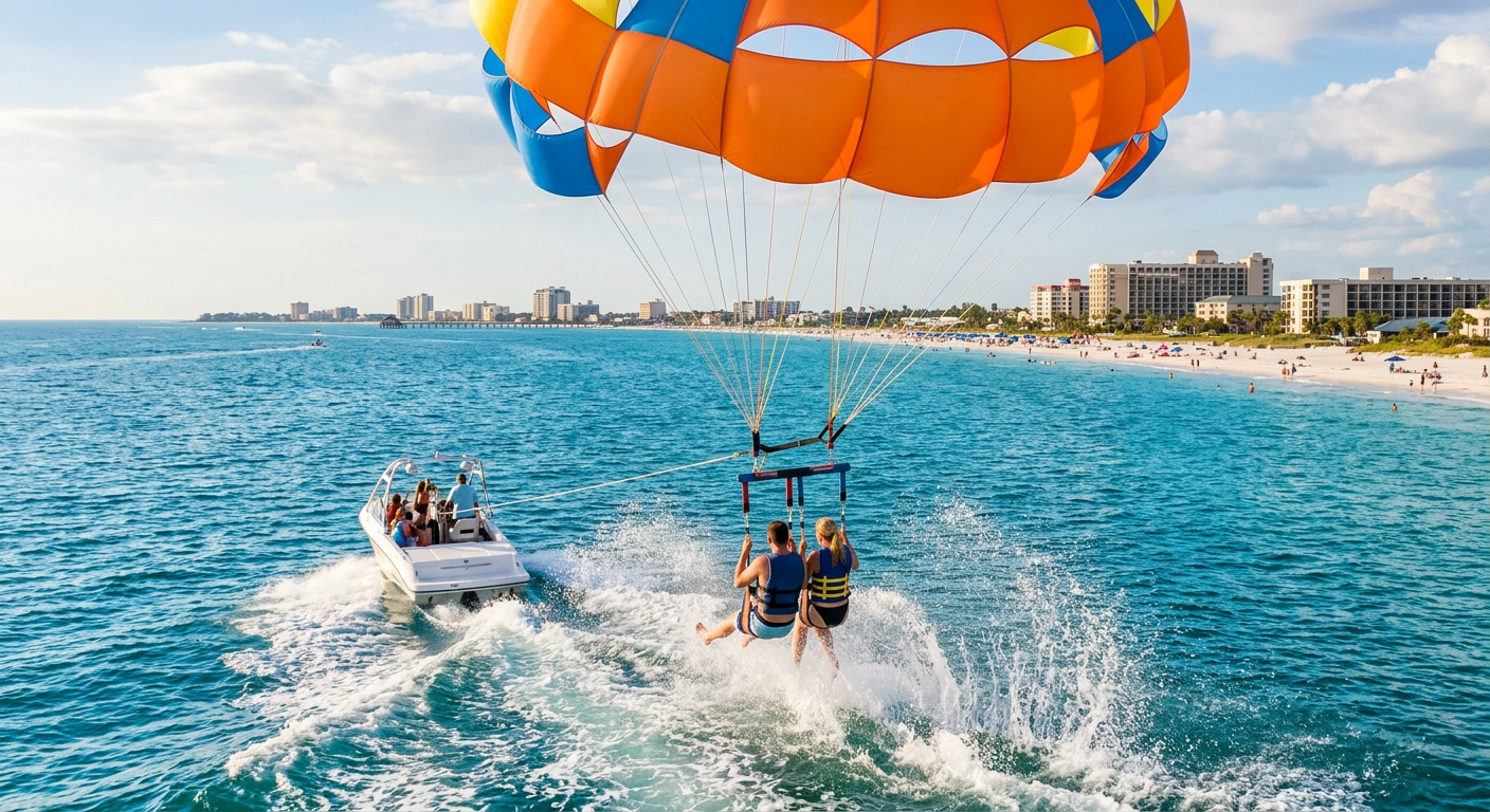 Parasailers experiencing the splash dip maneuver as their legs hit the blue water off the St. Petersburg coast