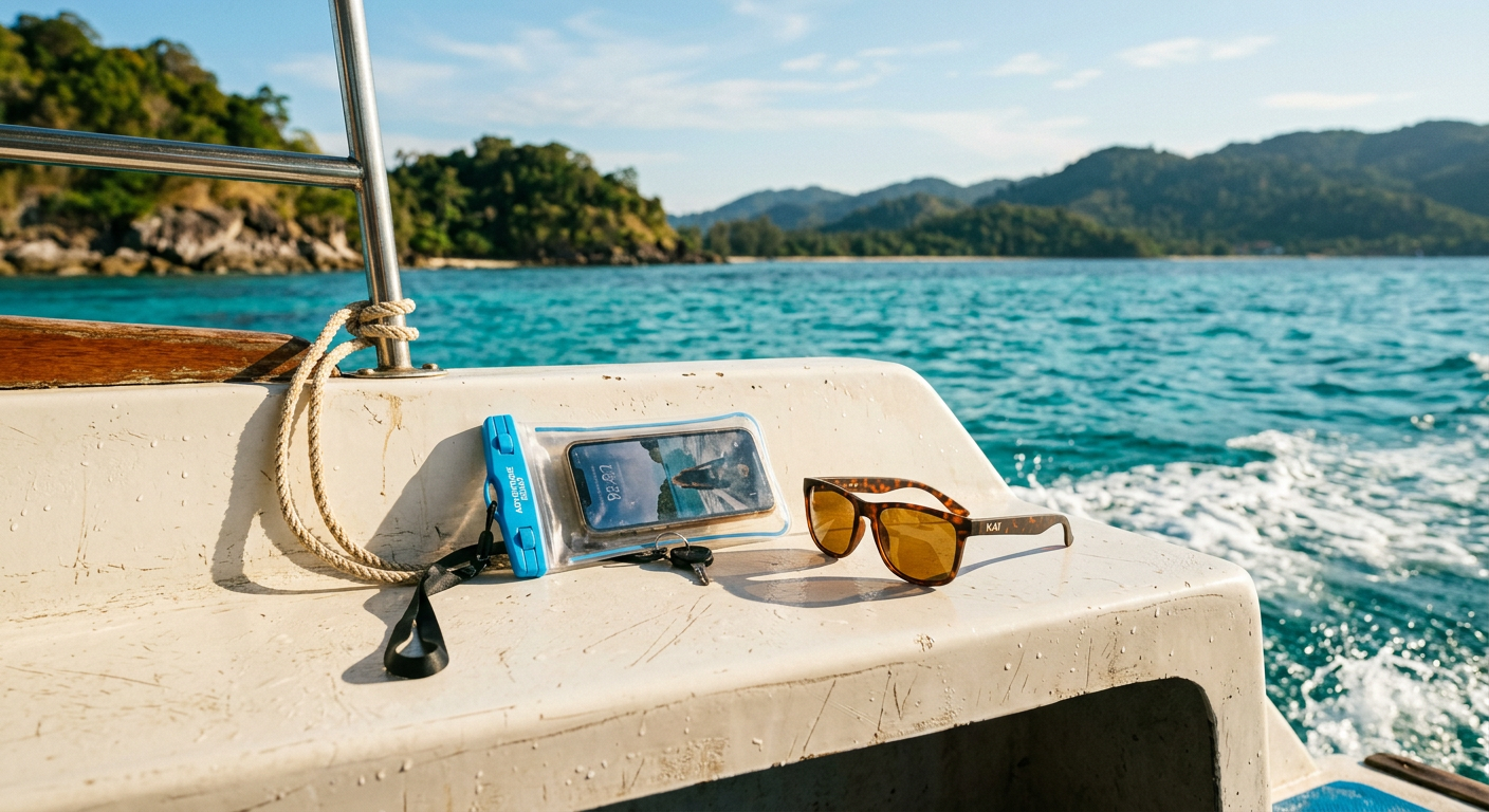 A waterproof phone pouch and polarized sunglasses sitting on a fiberglass boat bench