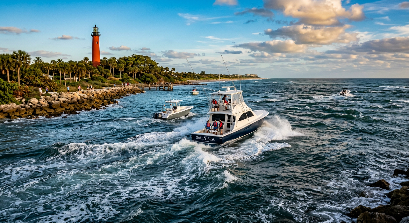 Boats navigating the turbulent, choppy waters of Jupiter Inlet during an outgoing tide
