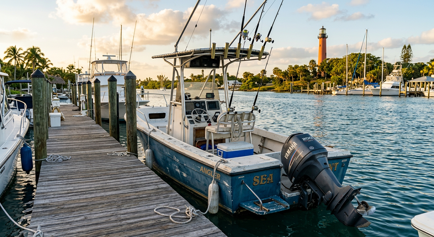 A weathered center console boat docked at a wooden Jupiter marina