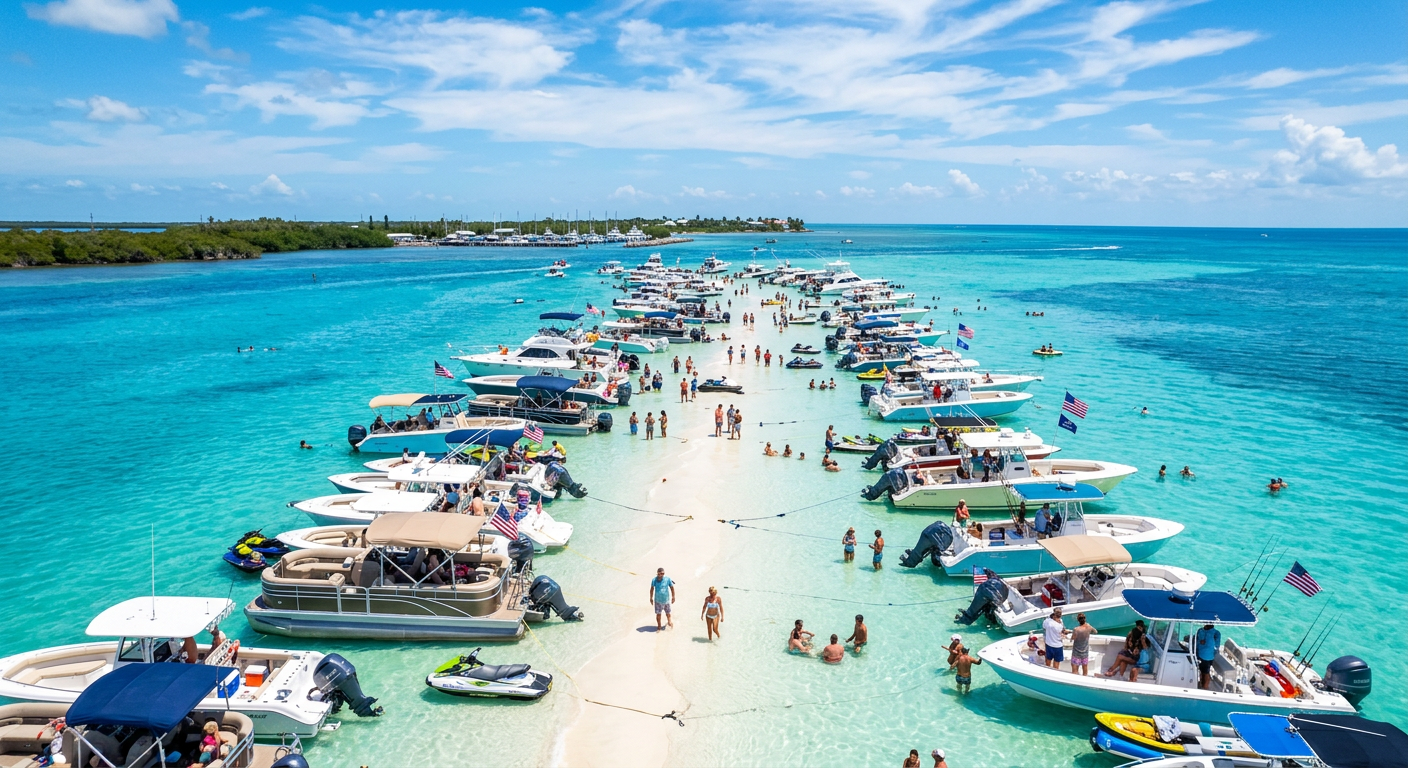 Dozens of boats anchored tightly together at a bright blue sandbar in Florida