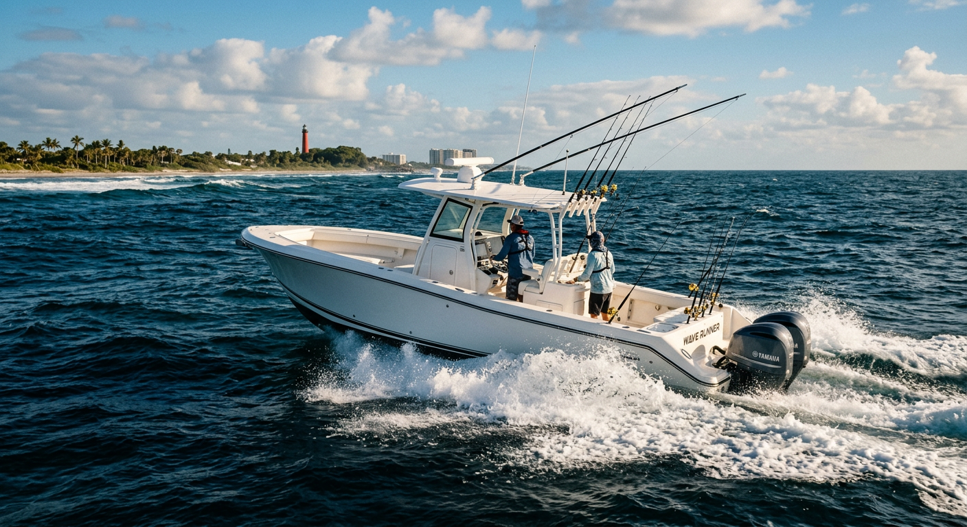 A white center console fishing boat cutting through dark blue offshore waters off Jupiter Florida