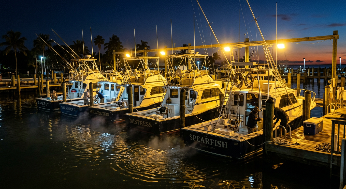 Charter fishing boats idling under harsh yellow marina floodlights in Key West before sunrise