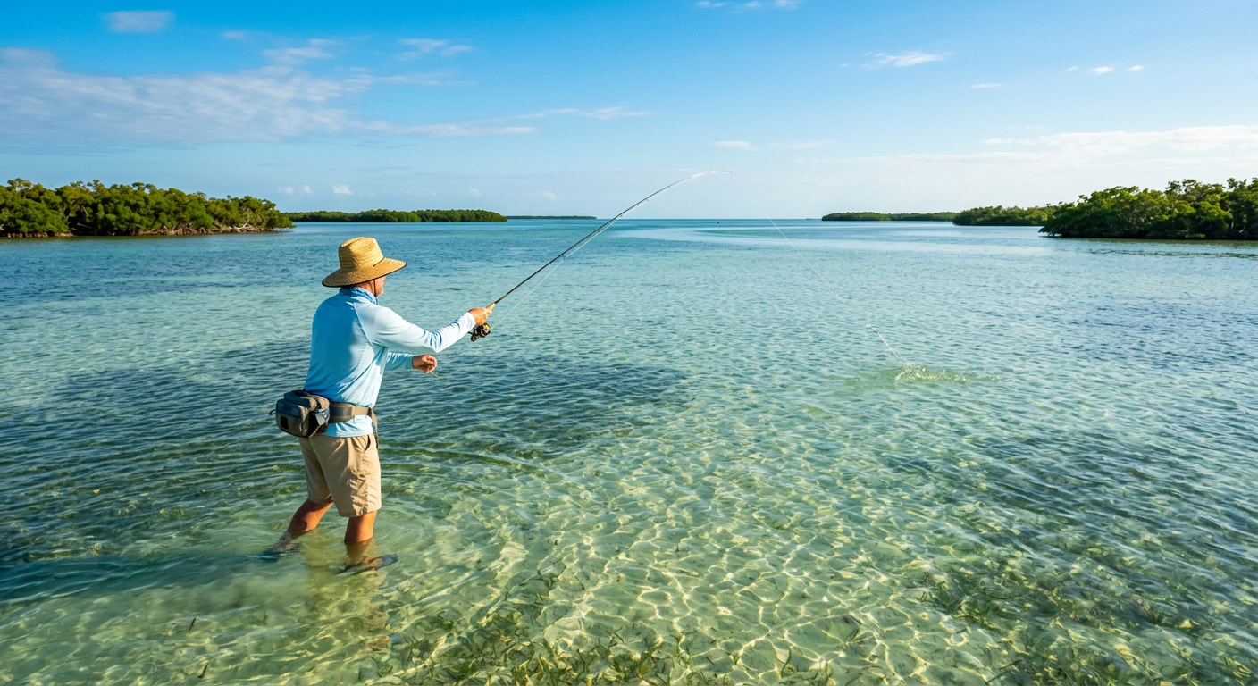 Angler casting a light rod across the crystal-clear shallow waters of the Key West backcountry flats
