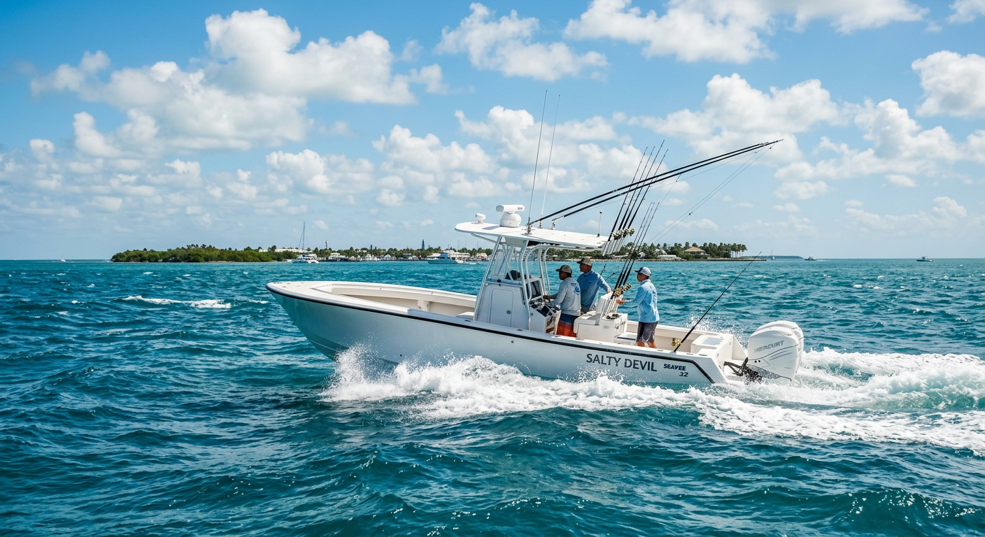 A white center console fishing boat riding through choppy blue water off the coast of Key West during midday