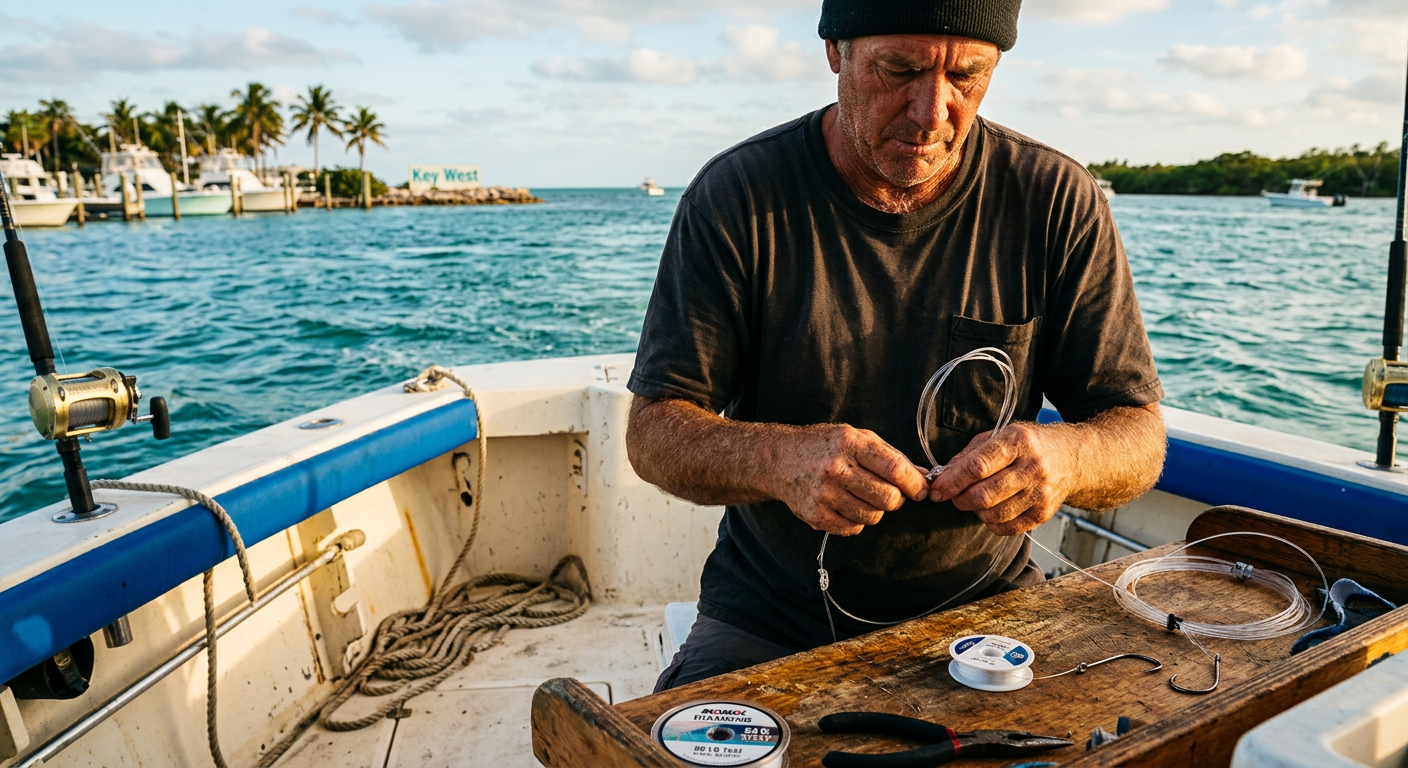 A weathered first mate tying a monofilament leader on the deck of a Key West center console boat