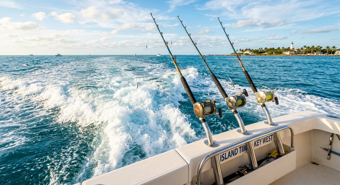 Four heavy fishing rods in metal holders leaning out over the white wake of a boat in Key West