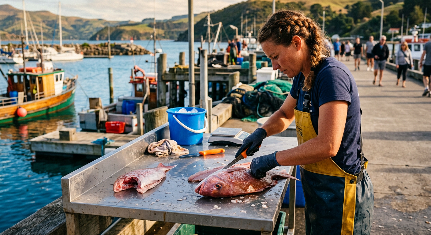First mate rapidly filleting a fresh snapper catch on a stainless steel dockside table