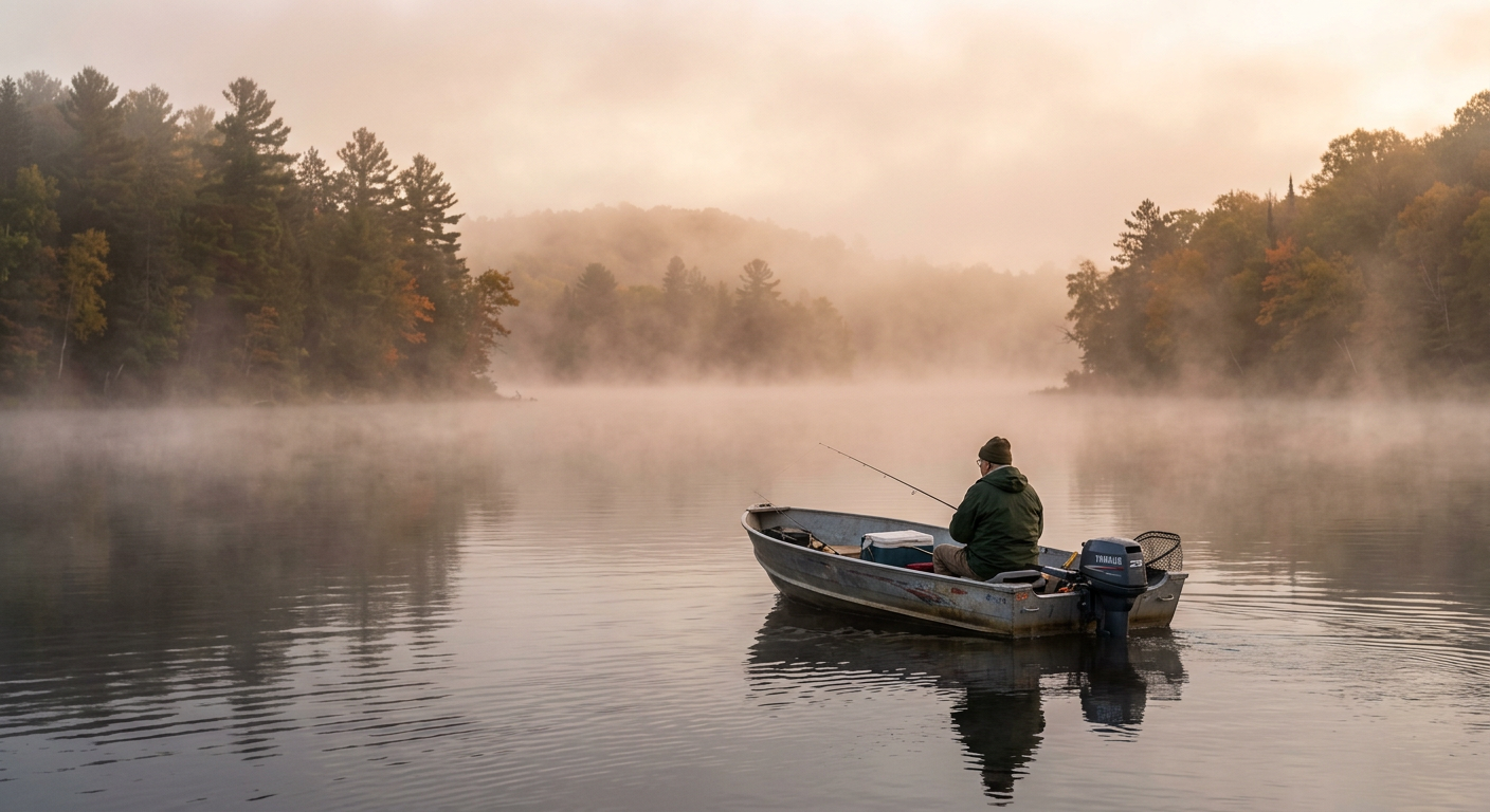 A fishing boat drifting quietly through morning mist on a central Minnesota lake