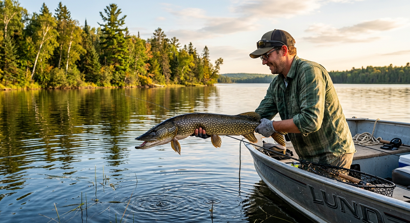 Angler handling a northern pike horizontally over the water near Grey Eagle