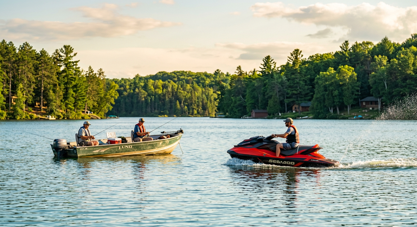 A personal watercraft passing a stationary fishing boat on a Minnesota lake
