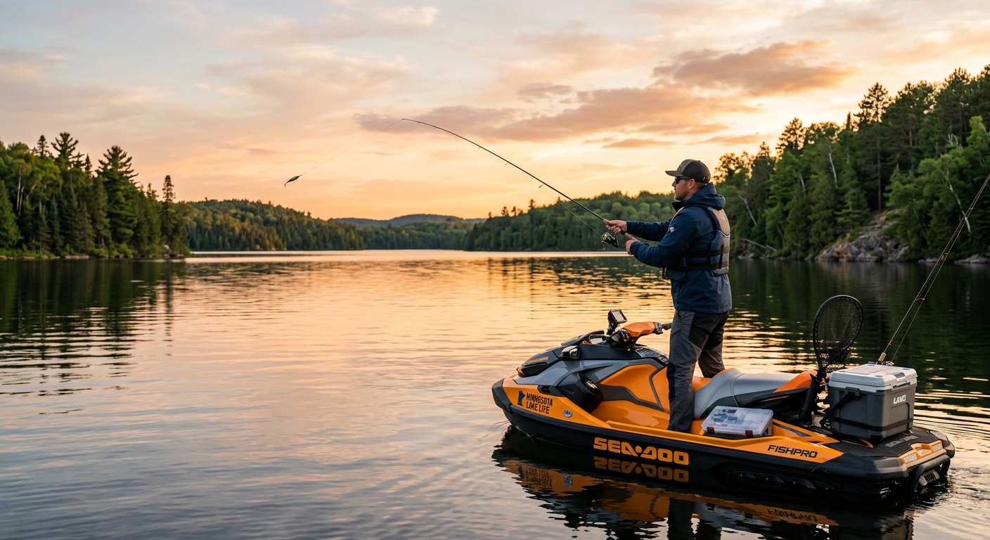 An angler casting a fishing rod from a customized personal watercraft on a calm Minnesota lake