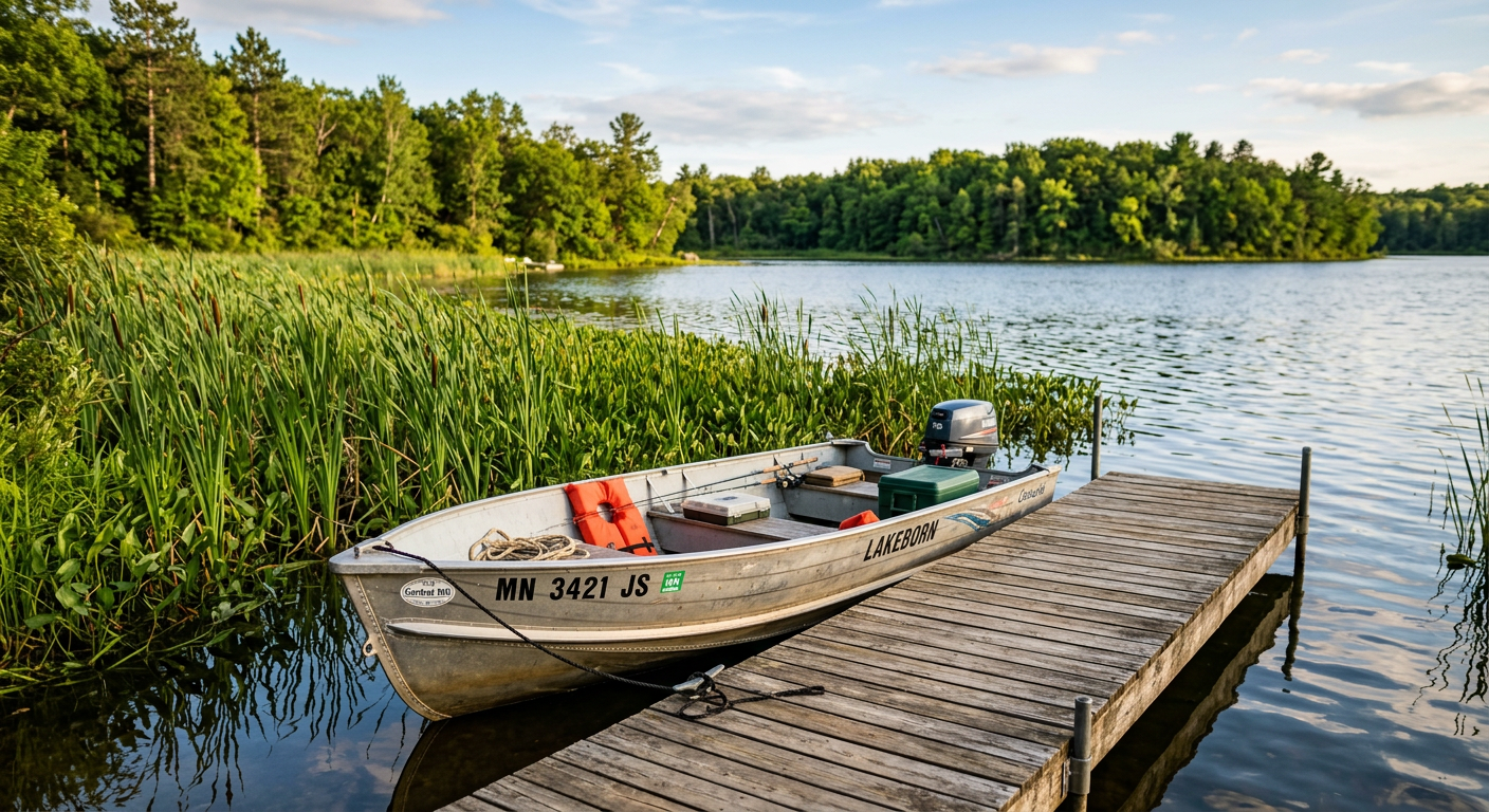 A small aluminum fishing boat tied to a wooden dock surrounded by green reeds in Central Minnesota