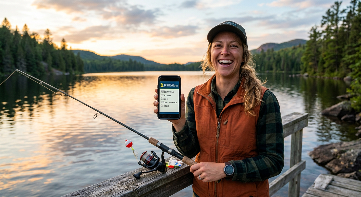 A smiling angler holding up a smartphone showing a digital Minnesota DNR fishing license near a lake