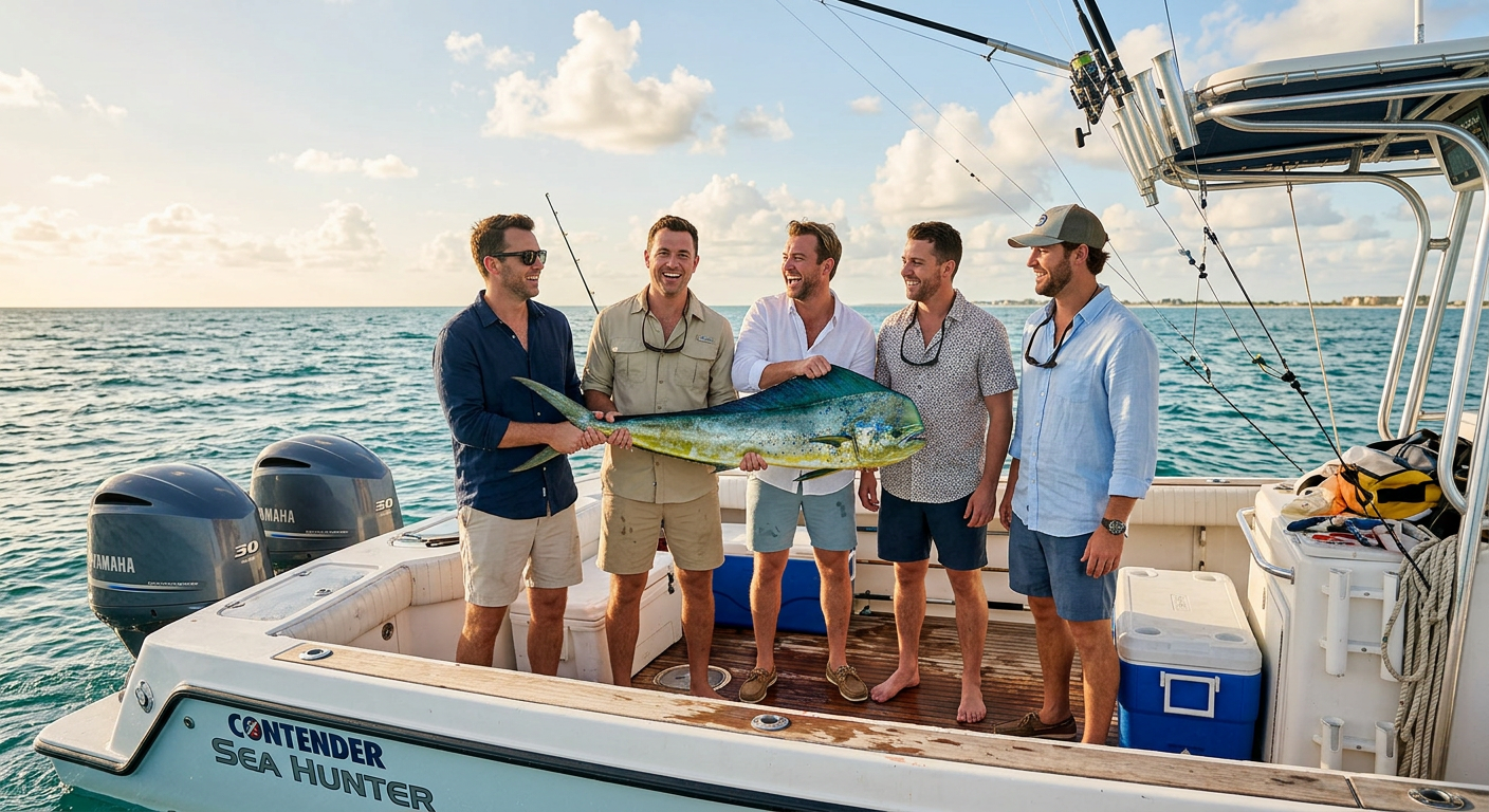A group of groomsmen standing on the deck of a center console fishing boat in the Gulf of Mexico holding a fresh catch
