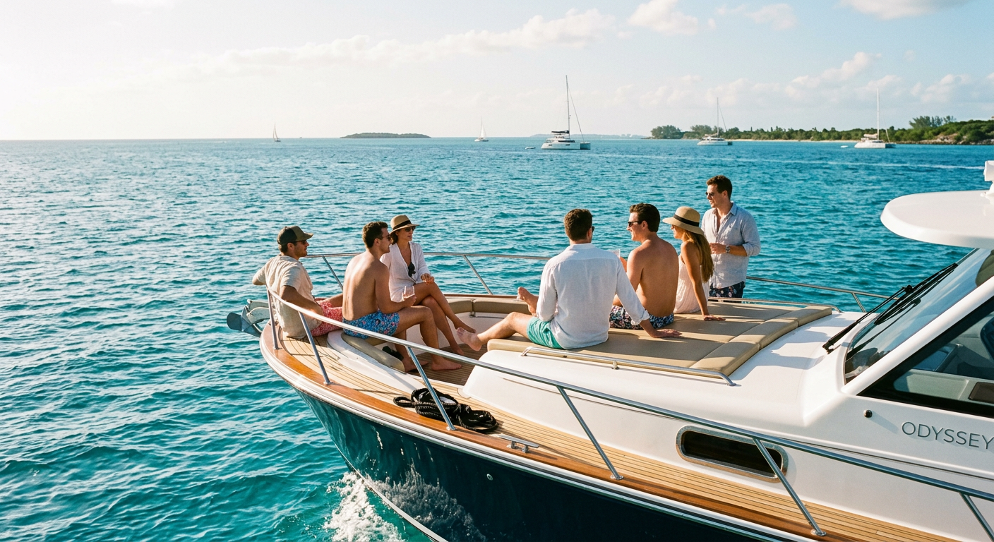 A group gathering on the bow of a private center console boat in the Gulf waters