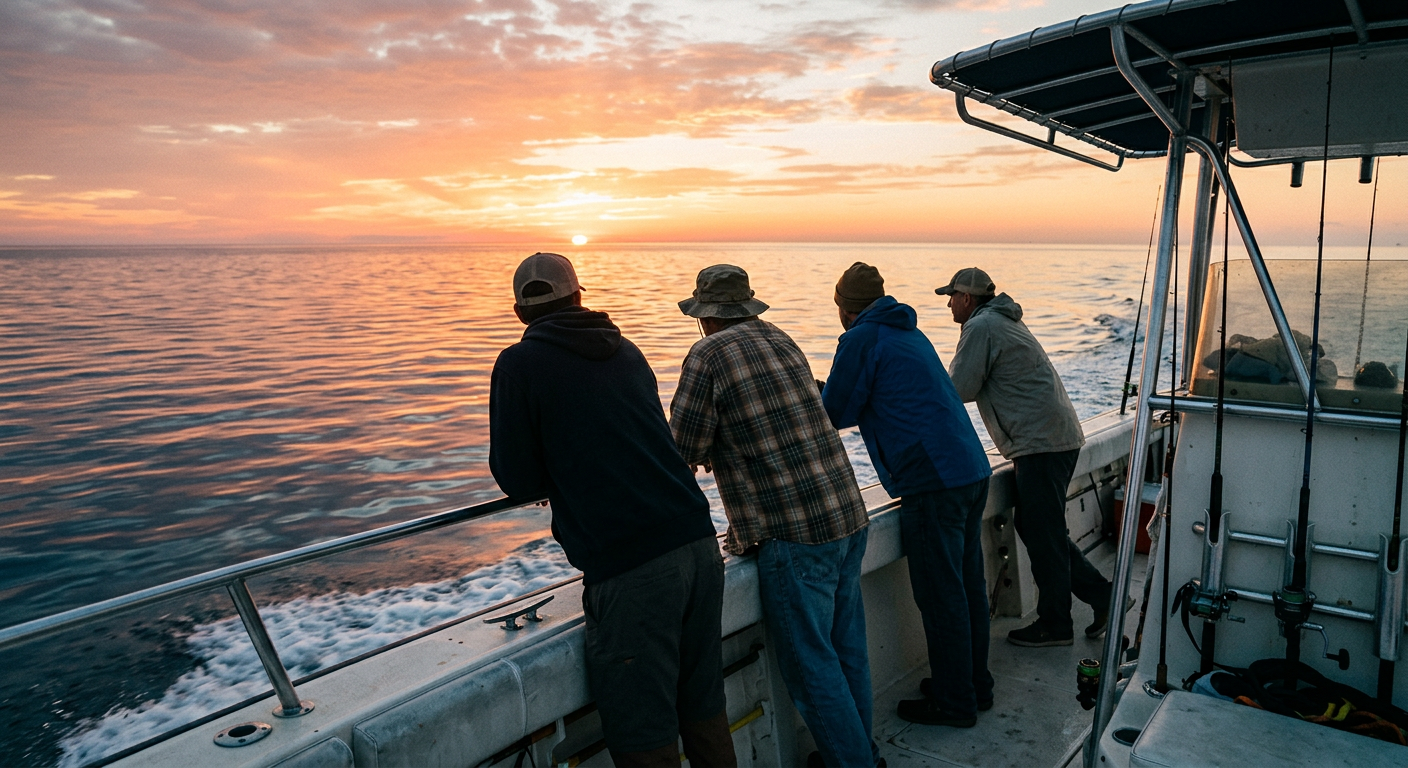 Four men leaning on the gunwale of a center console boat watching the sun rise over the quiet Gulf of Mexico