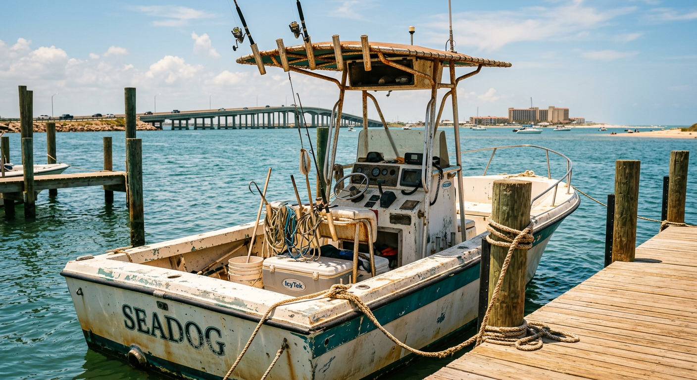 A weather-beaten center console fishing boat tied to a wooden dock under the hot South Padre Island sun