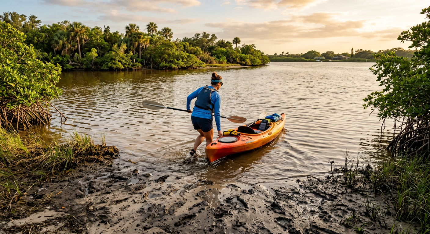 A kayaker pushing off a muddy river bank into the murky brackish waters of the Banana River Lagoon