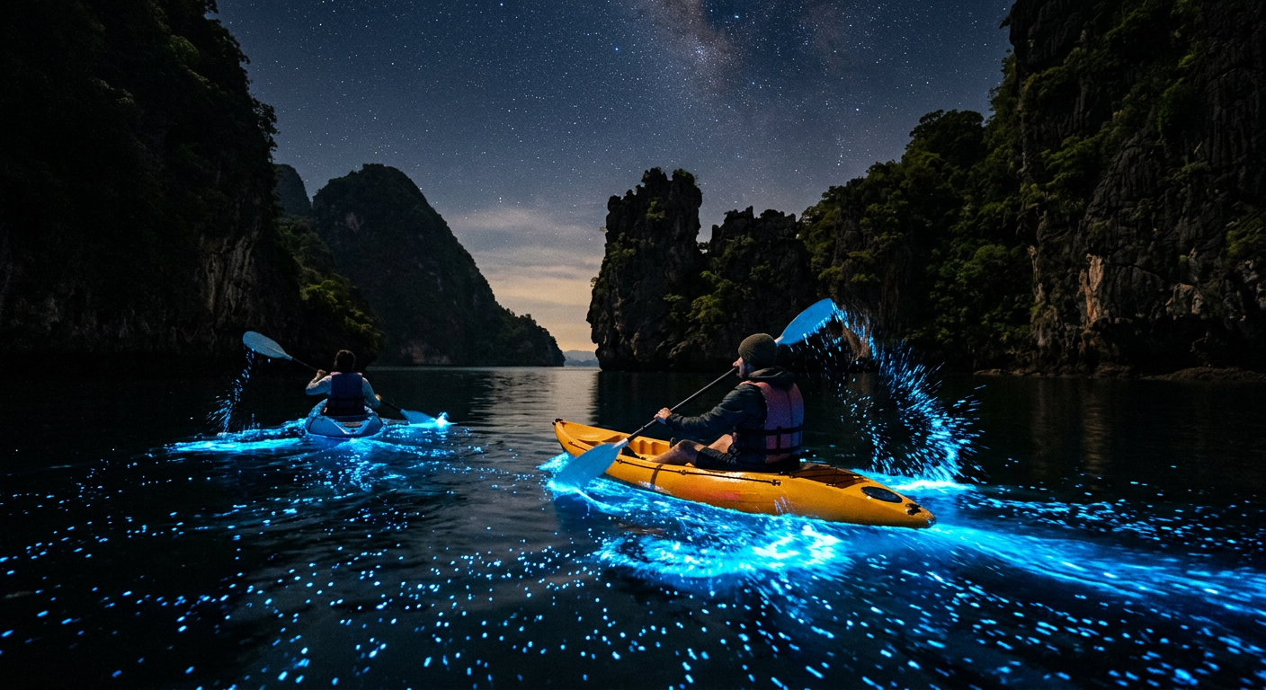 Kayakers paddling through pitch-black water illuminated by a vivid blue bioluminescent glow