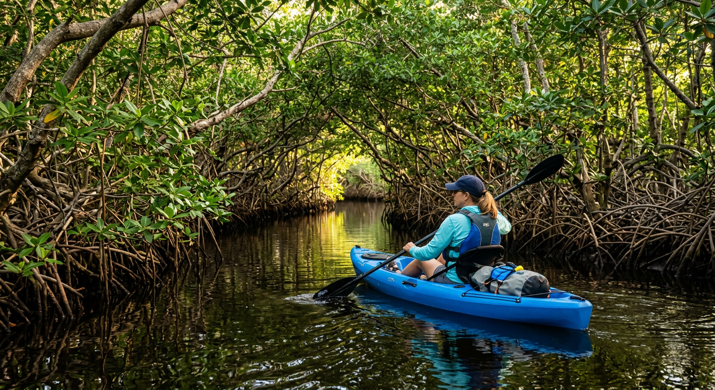 A kayaker navigating a narrow, winding mangrove tunnel surrounded by dense green canopy in the Thousand Islands of Cocoa Beach