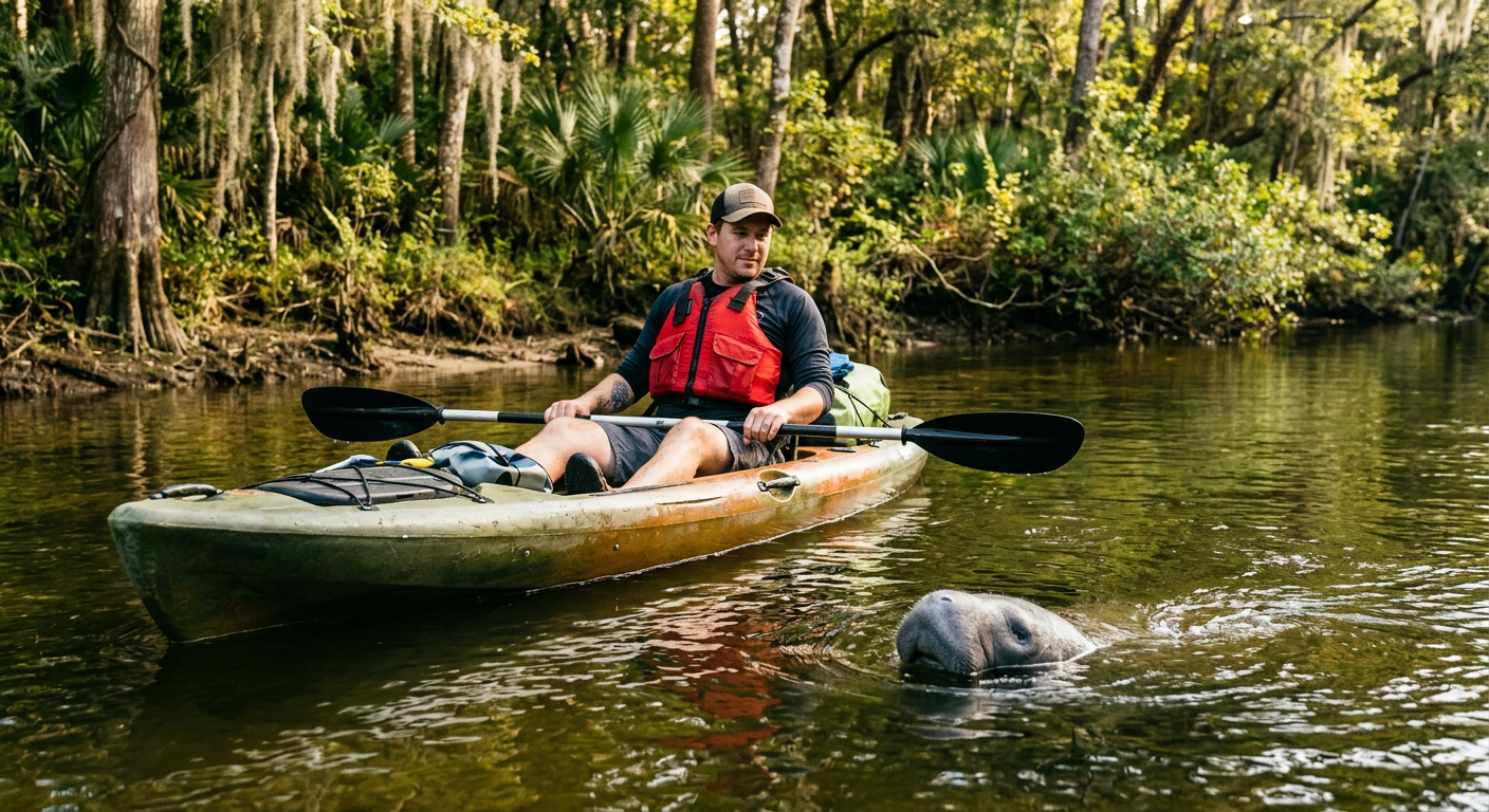 A kayaker resting their paddle across their lap while a manatee snout surfaces nearby in murky water