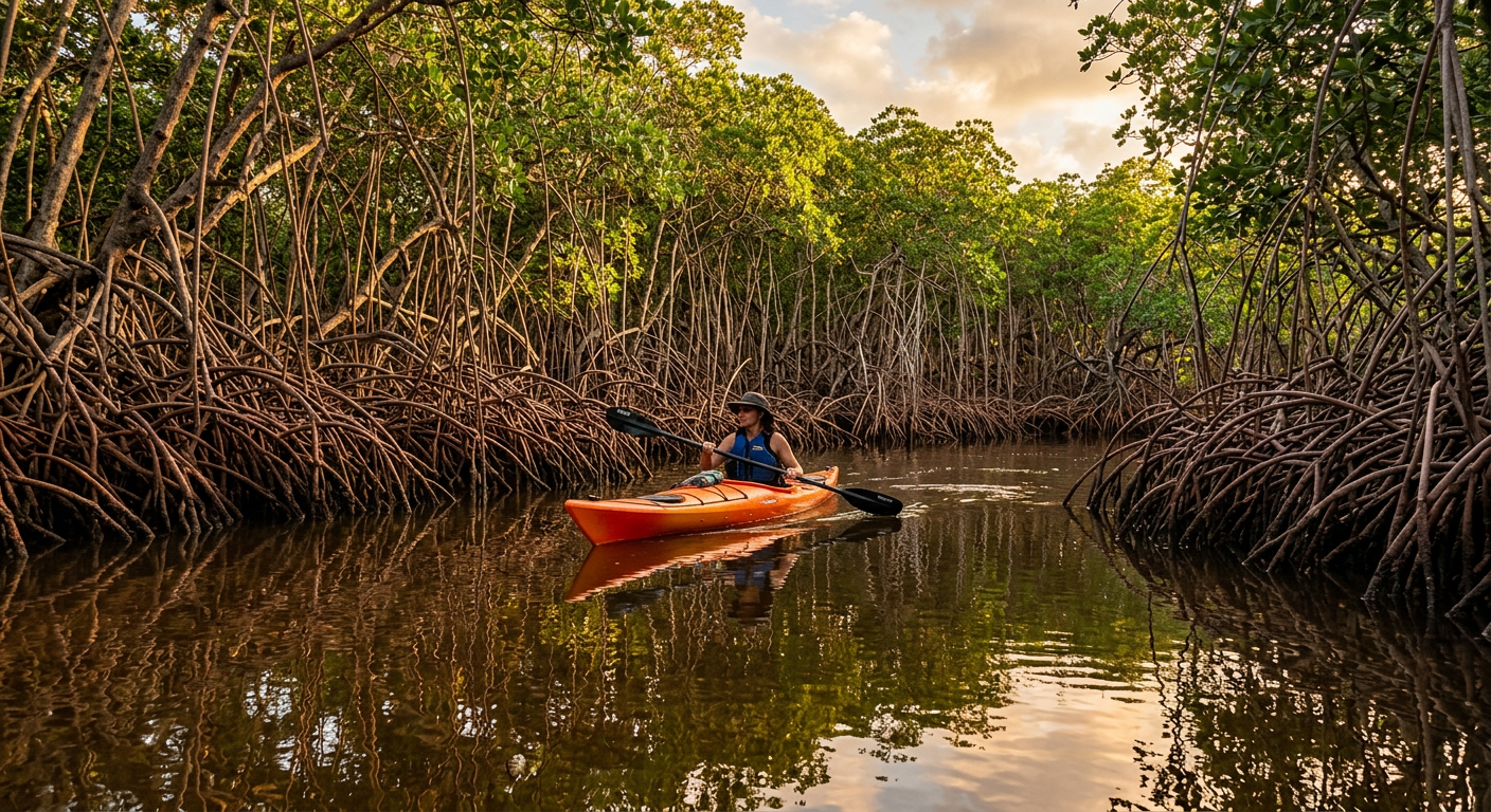 A lone kayaker dwarfed by towering, identical mangrove root systems in the Thousand Islands